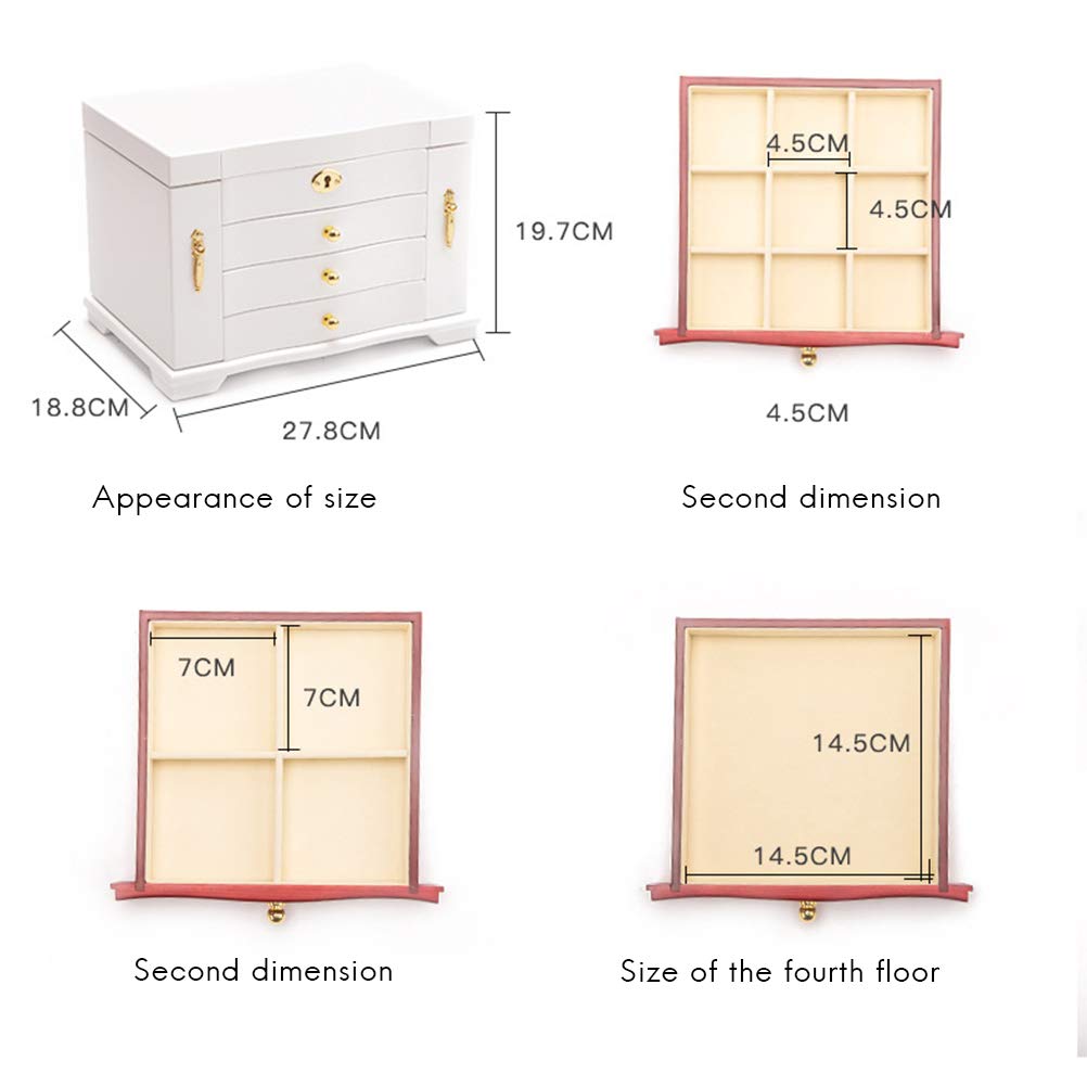 Joyero Grande de Madera con Cerradura, Elegante Organizador para Anillos, Pendientes, Pulseras, Regalo Ideal para Amigos y Familiares, Madera de Pino, 27,8 * 18,8 * 19,7 CM (Blanca)