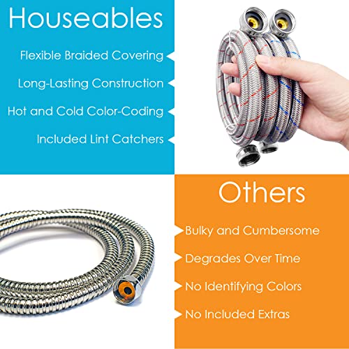 Washing Machine Hose, Stainless Steel, Washer Hoses, 6Ft, 2 Pack, Hot & Cold Laundry Fill Waters Lines, Water Filler Inlet Pipes, Metal Braided, Anti Burst, Steam Dryer Hook Up, Premium | Houseables #TOP5