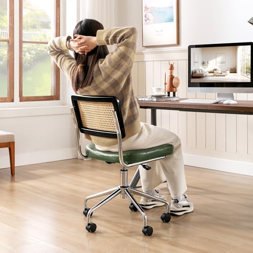 Image of Zesthouse Mid Century Home Office Chair, Armless Desk Chair with Rattan Back, Adjustable Height Task Chair Vanity Chair for Girls Women, Upholstered Swivel Chair, Green Faux Leather