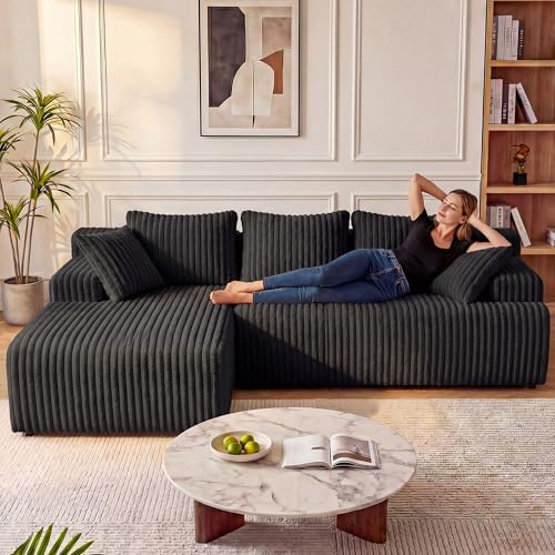 Image of LAUSAINT HOME 96 inch Modular Sectional Sofa Couches, L-Shaped Boneless Cloud Sofa with 3 Deep Seat, 5 Cushiones Oversized Chaise for Living Room, Bedroom, Plush Corduroy Fabric (Left, Black)