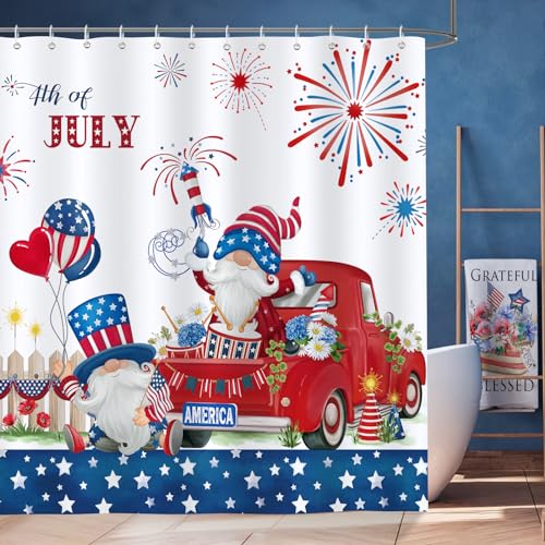 Bonhause 4th of July Gnome Shower Curtain American Patriotic Independence Day Memorial Day Shower Curtain for Bathroom 72x72 Inch Polyester Fabric Waterproof Bathroom Curtain with 12 Hooks