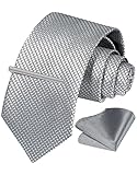 Vinlari Krawatte Silber Herren Krawatte & Einstecktuch krawattenklammer Set Seide Check Krawatte Taschentuch Krawattennadel Elegant Karierte Krawatten für Herren Hochzeitsfeier