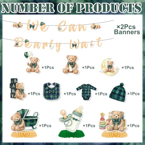 Image of Bearly Wait Baby Shower Decorations, 12PCS Vintage Plaid Teddy Bear Glitter Banners with Hanging Swirls Party Decorations, Welcome Baby Bear Honeycomb Centerpiece Decor Supplies