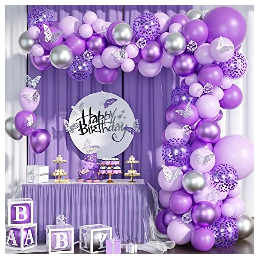 Kit de guirnaldas de globos morados 88 piezas de decoraciones de mariposa para baby shower para niña de calcomanías de mariposa globo morado confeti plateado metálico morado para fiesta de cumpleaños