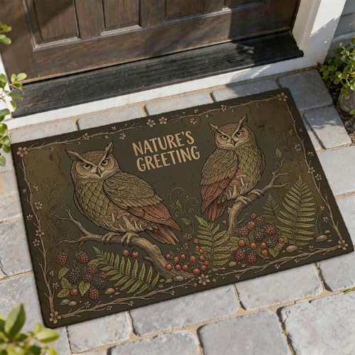 Paillasson de bienvenue motif chouettes, nature, fougères rustiques, baies, marron, tapis d'entrée antidérapant pour maison, intérieur et extérieur,...