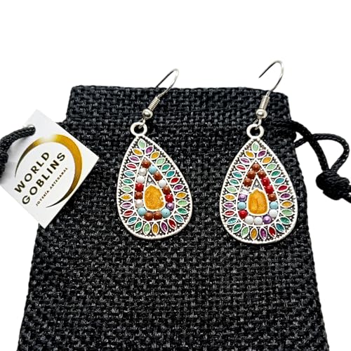 WORLD GOBLINS Pendientes Hippies Mujer de Colores Llamativos, Boho Vintage. Pendientes Bohemios Gota Vintage Divertidos. Colores. Aretes Originales Hechos en España (Gota Primavera 3x1,9 cm)