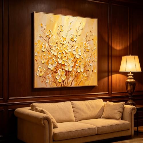 Tableau Abstrait Moderne peint main texture impasto fleurs blanches et or 70x70 cm - 4