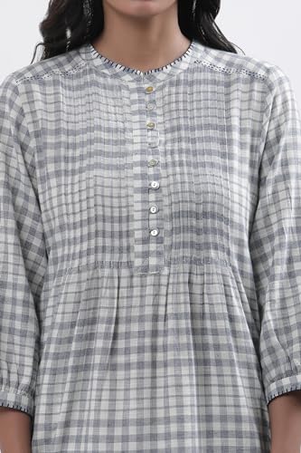 Image of W for Woman White Checked Print Cotton Straight Kurta