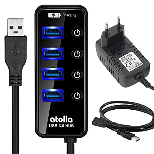 Atolla Hub USB 3.0 alimentado de 4 puertos Concentrador y 1 puerto de carga rápida adicional con interruptor de LED...