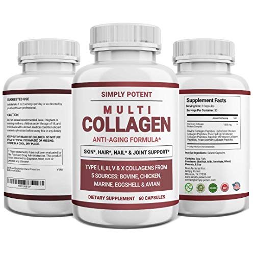 Simply Potent Multi Collagen Peptides Powder Pills, Hydrolyzed Collagen Protein Supplement with 5 Collagen Types I, II, III, V, and X for Skin, Hair, Nail & Joint Support, 60 Capsules