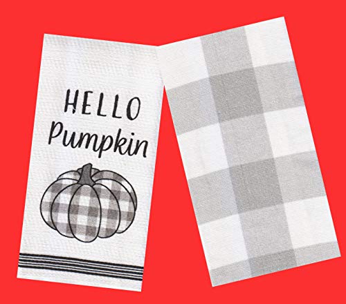 Mainstream Hello Pumpkin Kitchen Hand Towels, Grey And White Checked Buffalo Plaid, Set Of 2 Coordinating Cotton Dishtowels For Fall And Thanksgiving Decorating, 16 X 26 Inches #TOP4
