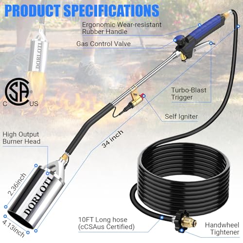 Propane Torch Weed Burner, 34" Blow Torch with Storage Bag, High Output Flame Torch with 10FT Hose, Heavy Duty Flame Weeder with Igniter for Garden, BBQ by DORLOTI - Used condition - Image 2