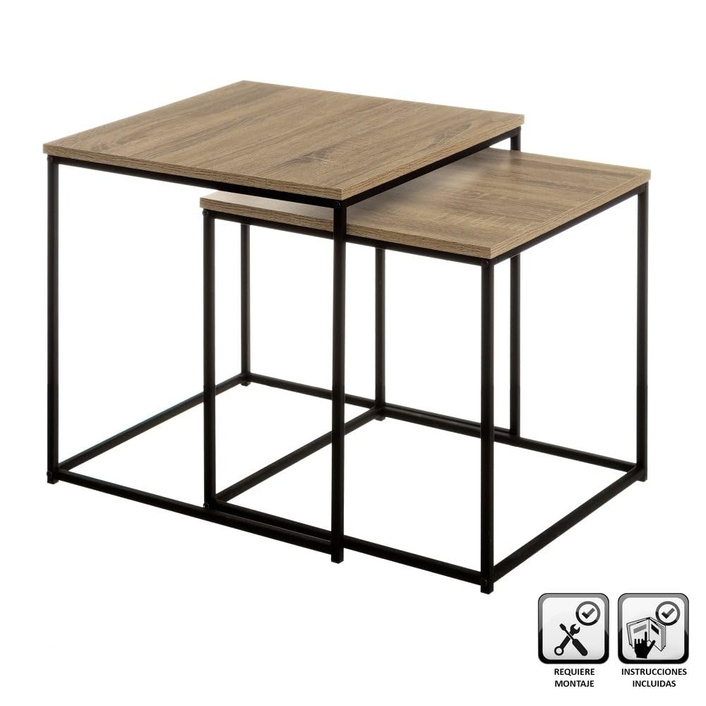 LOLAhome - Set 2 mesas de Centro Nido de 50x50 cm y 45x45 cm con diseño Moderno en Madera Natural y Estructura metálica Negra, Ideal como Auxiliar versátil para salón, Comedor u Oficina