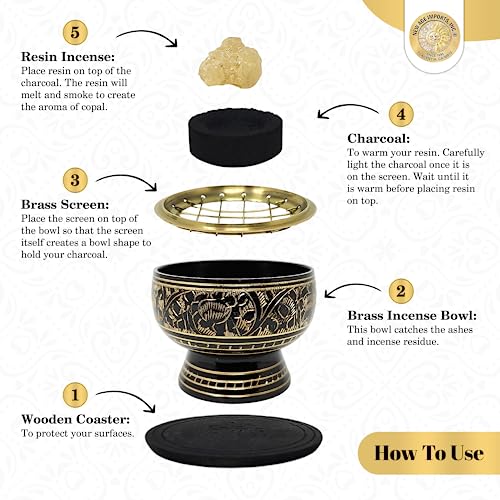 New Age Imports, Inc. India Small Decorated Brass Charcoal Screen Incense Burner With Wooden Coaster #TOP2