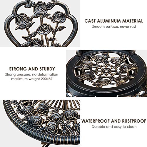 Bistro Table Set, Outrora 3 Piece Outdoor Patio Set Rust-Resistant Cast Aluminum Antique Bronze Rose Design Outdoor Table And Chairs Furniture With Umbrella Hole #TOP2