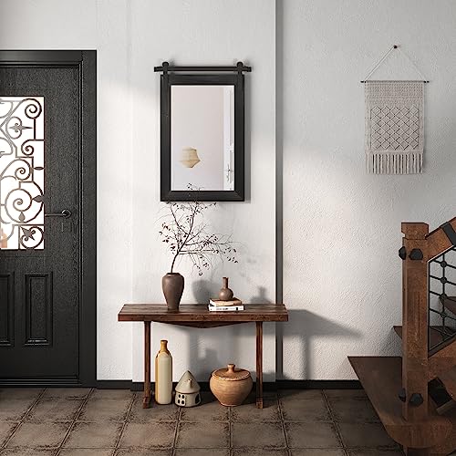 Image of COGOOD Farmhouse Barn Door Mirror - 17 x 26 Rustic Wood Framed Wall Mirror for Bathroom, Living Room, Entryway Wall Decor (Black)