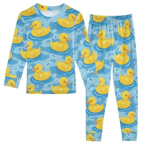 Fustylead Yellow Rubber Duck on Swimming Pool Cotton Pajamas Long Sleeve Sleepwear Lounge Set
