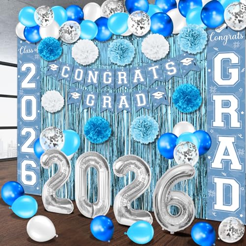 Image of Graduation Party Decorations Class of 2026, Graduation Decorations with Congrats Grad Banner Fringe Foil Curtain Paper Flower Ball Balloon for High School College Graduation Party Supplies, Light Blue
