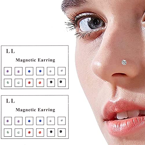 12/24pcs Magnetic Crystal Fake Earrings, Crystal Magnetic Stud Earring Magnet Nose Ear Lip Stud Non Piercing, Nose Rings Magnetic Non Piercing Stud, Fake Nose Rings Magnetic Stud, Unisex