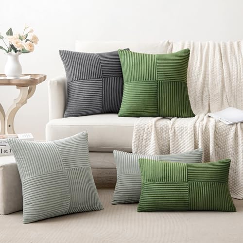 Image of MIULEE Moss Green Decorative Throw Pillow Covers 20x20 Inch for Couch Bed Sofa Pack of 2 Boho Farmhouse Throw Pillows Soft Cross Corduroy Patchwork Textured Cushion Cases