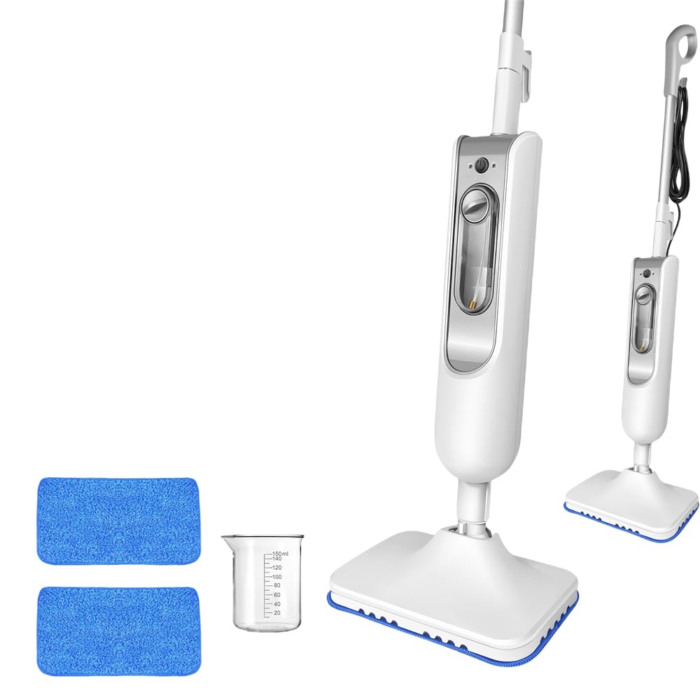 Qimu Dampfbesen 1500W Multifunktions Dampfreiniger Bodendampfreiniger biz 108°C Hand-dampfreiniger für Tiefenreinigung Böden Elektrischer Bodenwischer mit Wassertank 400ML, 2 Bodentuch