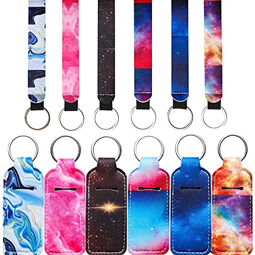 TanzDom 6pcs Chapstick Holder Keychain, Lipstick Holder Keychain with Wristlet Lanyard for Women Girls, Portable Wristlet Keychain with Chapstick Holder for Chapstick, Lipstick, Lip Balm, Galaxy