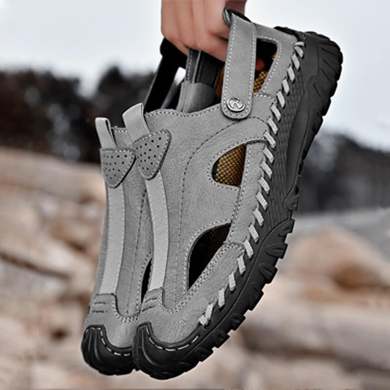 Men's Genuine Leather Handmade Hollow Flat Sports Sandals Lightweight Closed Round Toe Non-Slip Slip-On Summer Casual Breathable Beach Fisherman Shoes2