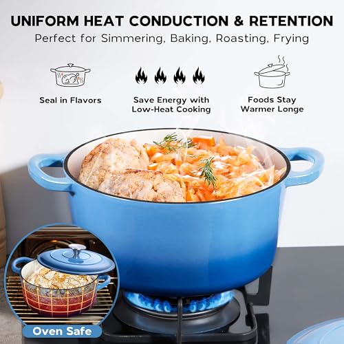 Onader Enameled Cast Iron Dutch Oven Pot with Lid, 7 Quart Round Dutch Oven for Bread Baking, Heavy Duty Large Cast Iron Pot - Blue