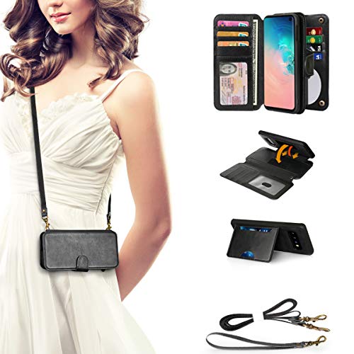 CORNMI S10 Wallet Case, Mirror 13 Card Holders Crossbody Wrist Strap Kickstand Detachable Purse Leather Folio Zipper Pocket Flip Protective Cover for Samsung Galaxy S10 Black