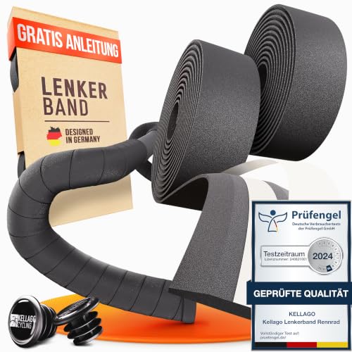 Kellago Lenkerband Rennrad schwarz mit Kunststoff-Endkappen, inkl. E-Book & 4x Klebestreifen schwarz selbstklebend, Fahrrad Lenkerband - Griffband Rennrad Fahrradlenkerband