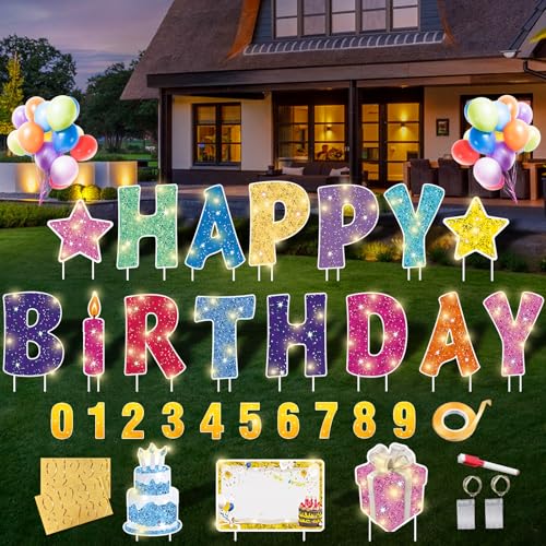 18 Pcs Happy Birthday Yard Sign with 32.8 ft Led Light 16 Large Size Happy Birthday Yard Sign with Stakes Weatherproof Personalized Birthday Yard Signs Outdoor Lawn Garden Party Decoration(Colorful)