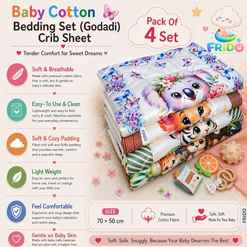 Image of FRIDO New Born Baby Godadi Pack of 4 Combo Set Soft Cotton Baby godi| Godari | Baby Bed | Crib Sheet | Cartoon Mat Godadi | Bedding Set | Multicolor(Set of 4) (Purple)