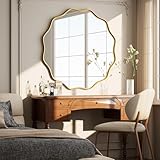Koonmi Wavy Edge Large Round Mirror, 50cm Wall Mirror with Textured Round Metal Frame, be Hung or Placed against the Wall, suitable for Bathroom, Corridor, Entrance, Living Room, Gold