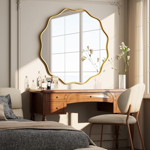 Koonmi Wavy Edge Large Round Mirror, 50cm Wall Mirror with Textured Round Metal Frame, be Hung or Placed against the Wall, suitable for Bathroom, Corridor, Entrance, Living Room, Gold