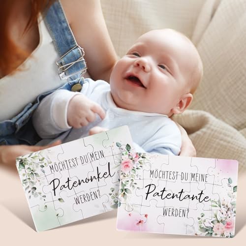 2* Puzzle Patentante und Patenonkel Fragen Möchtest du Meine Patentante Mein Patenonkel Werden Schwangerschaft verkünden Taufpatin Geschenk Taufpaten Fragen Geschenkideen für Geburt Taufe (Blume)