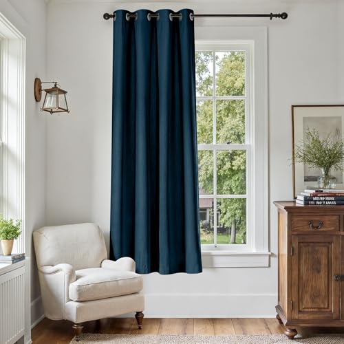 jinchan Room Darkening Linen Textured Curtain 72 Inch Long for Living Room Room Darkening Thermal Insulated Grommet Top Window Drape for Bedroom 52" W x 72" L Blue 1 Panel