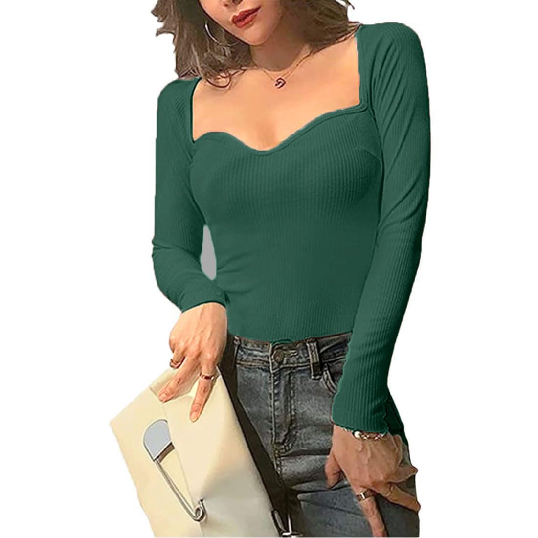glare & blair Solid Sweetheart Neck Long Sleeves Regular Fit Casual Ribbed Tops for Women-picture-10