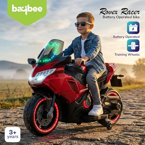 Image of Baybee BoltX Electric Bike for Kids 3+ Years | Baby Rechargeable Battery Bike with Training Wheels, Hand Accelerator, Foot Brake, Led Lights & Music | Battery Operated Bike for Kids to Drive (Red)