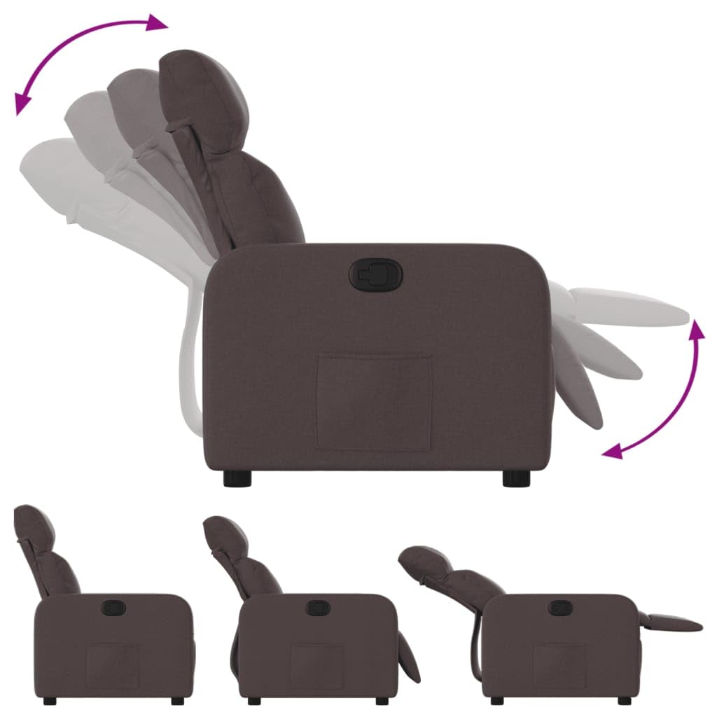 Fotel relaksacyjny, ciemnobrązowy materiał z ręczną funkcją leżenia, regulowane oparcie i podłokietniki, drewniana metalowa rama, ergonomiczny fotel do salonu i kącika do czytania