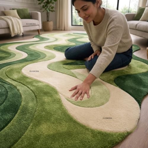 Image of Hand Tufted Wool Rug 6x8 Ft - Modern Irregular Shape Aesthetic Carpet, 1 Inch Thick Pile, Anti-Skid Backing, Soft Handmade Woolen Area Rug for Living Room, Bedroom, Hall Decor