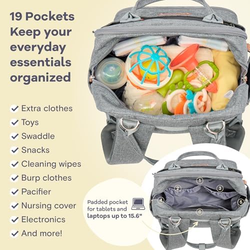 RUVALINO Diaper Bag Backpack - Multifunction Waterproof Travel Backpack, Baby Bag with Changing Pad & Stroller D-Ring & Pacifier Case - Travel Essentials & Baby Registry Search & Shower Gifts - Gray - 4