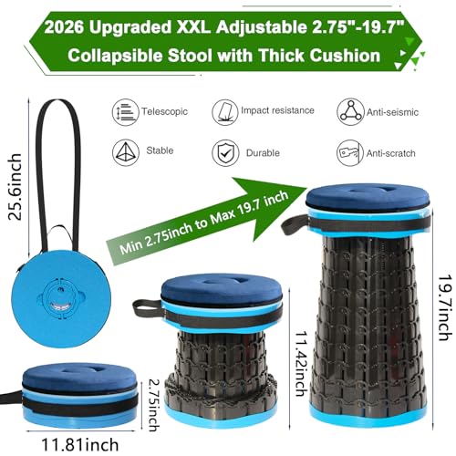 Image of 2026 Upgraded XXL Collapsible Stool with Thick Cushion,19.7 inchH-11.8 inchD Telescoping Folding Stool for Adults, More Sturdy Camping Stools with Load Capacity 1000lbs for Outdoor,Garden,Fishing,Hiking