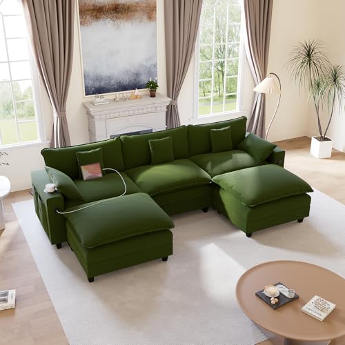 Image of KCGKCG 116 inch Modular Sectional Sofa, U Shaped Cloud Couch with Movable Ottoman, Chenille Deep Seat Cloud Sofa with Charging Station, Cup Holder, Side Pocket, Sectional Couches for Living Room, Green