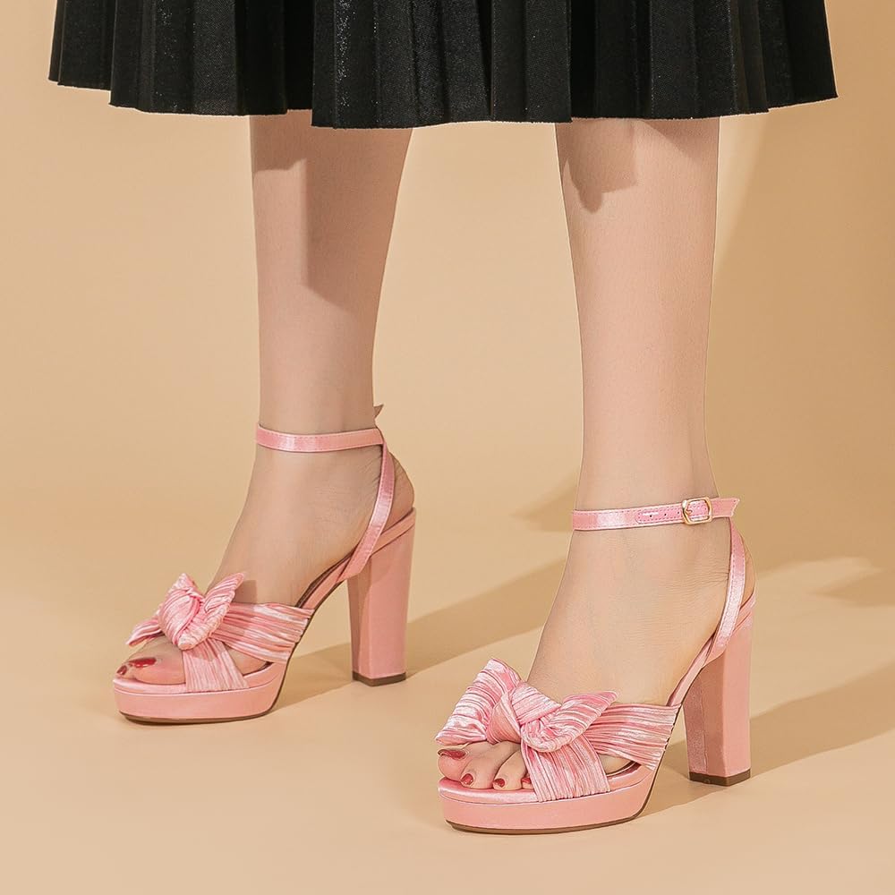 Amoji Women's Chunky Platform Heels 4'' Bowknot Heeled Sandal Wedding With Ankle Strap 302F4