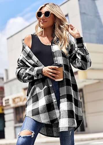 Zeagoo Flannel for Women 2025 Fall Fashion Long Sleeve Plaid Button Down Shirts Shacket Blouse Top with Pockets2