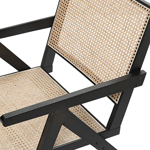 Rarzoe Rattan Armchairs, Modern Mid Century Handmade Natural Rattan Accent Chairs With Cane Back & Solid Wood Base, Upholstered Linen Leisure Chairs For Living Room Bedroom Home Office, Black #TOP4