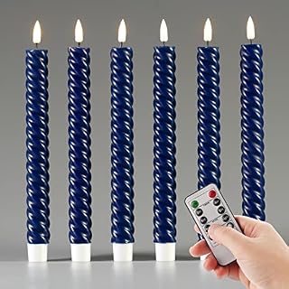 Eywamage Navy Blue Spiral LED Taper Candles with Remote, Flickering Flameless Battery Wax Candlesticks 10 inch Long Set of 6