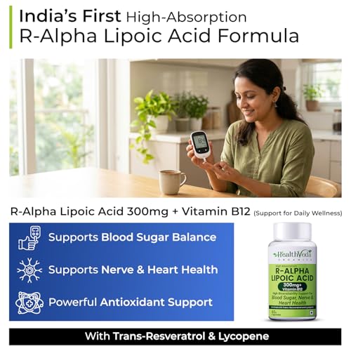 Image of Health Veda Organics R-Alpha Lipoic Acid 300 mg with Vitamin B12, Trans-Resveratrol & Lycopene | High Absorption ALA for Blood Sugar, Nerve & Heart Health Support | 60 Veg Capsules