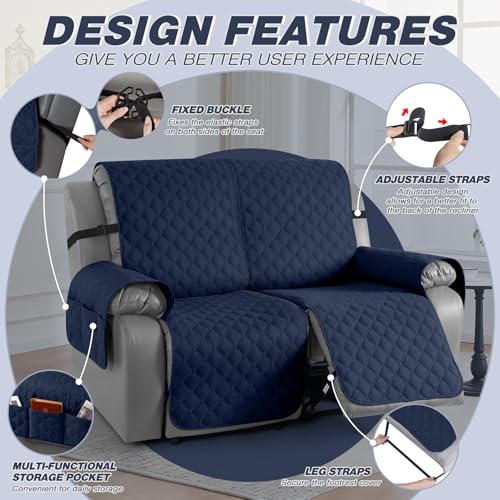 Image of TAOCOCO 100% Waterproof Recliner Covers, Recliner Sofa Covers with Leg Straps, Reversible Recliner Couch Cover for Reclining Chair, Washable Couch Protector for Pets Kids(2 Seater, Dark Blue)