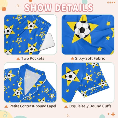 senya Soccer Star Blue Satin Summer Pajama Sets Silk Short Sleeve Button Down Sleepwear3